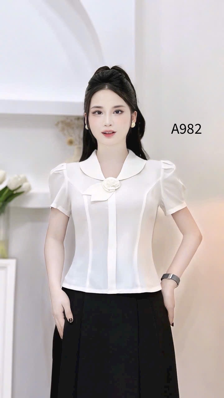 A982 áo cổ trắng tag hoa lá