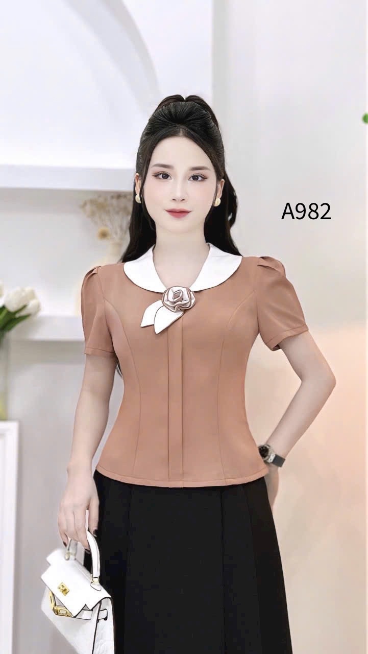 A982 áo cổ trắng tag hoa lá