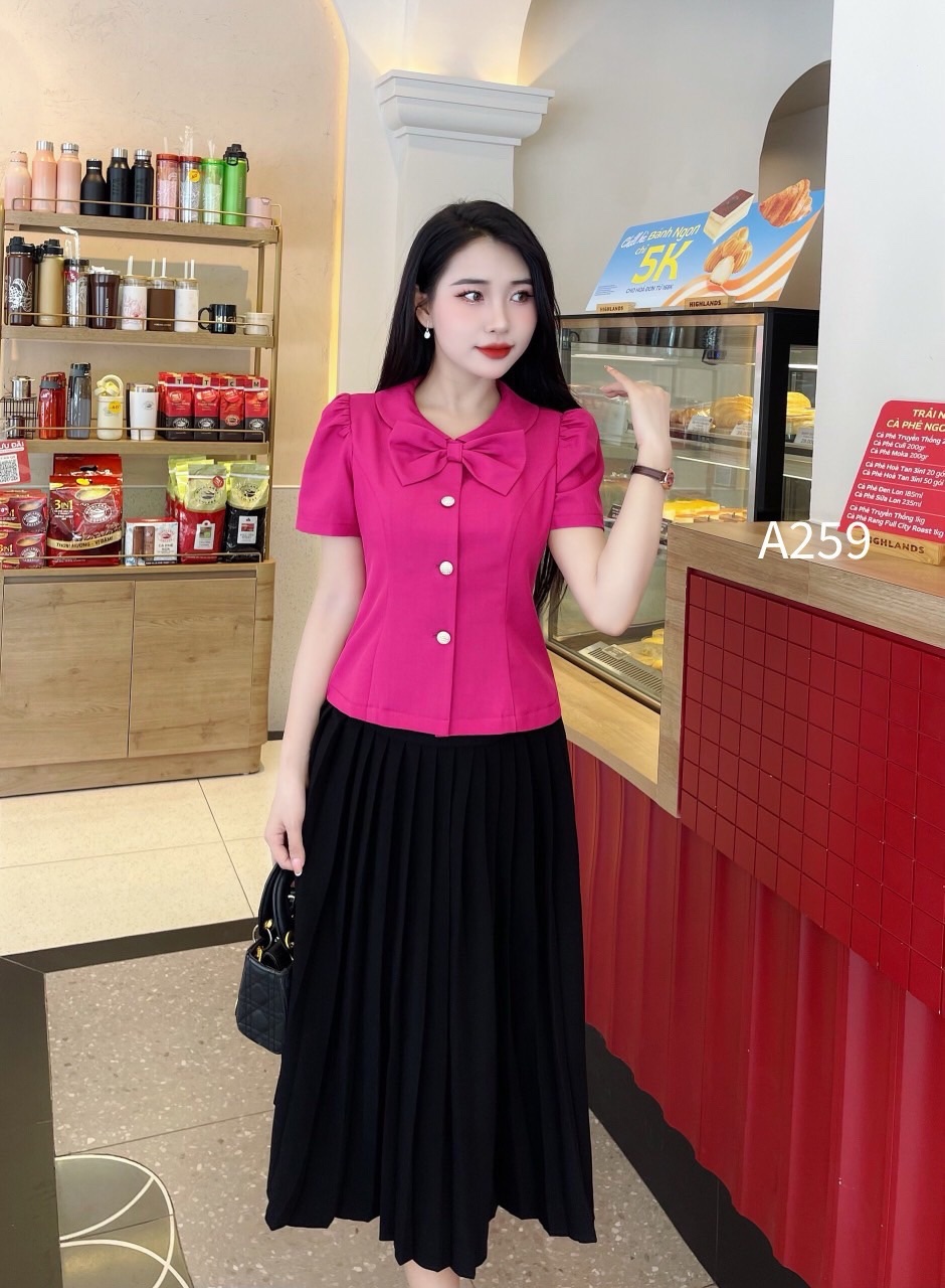 A259 áo peplum cổ nơ 3 cúc