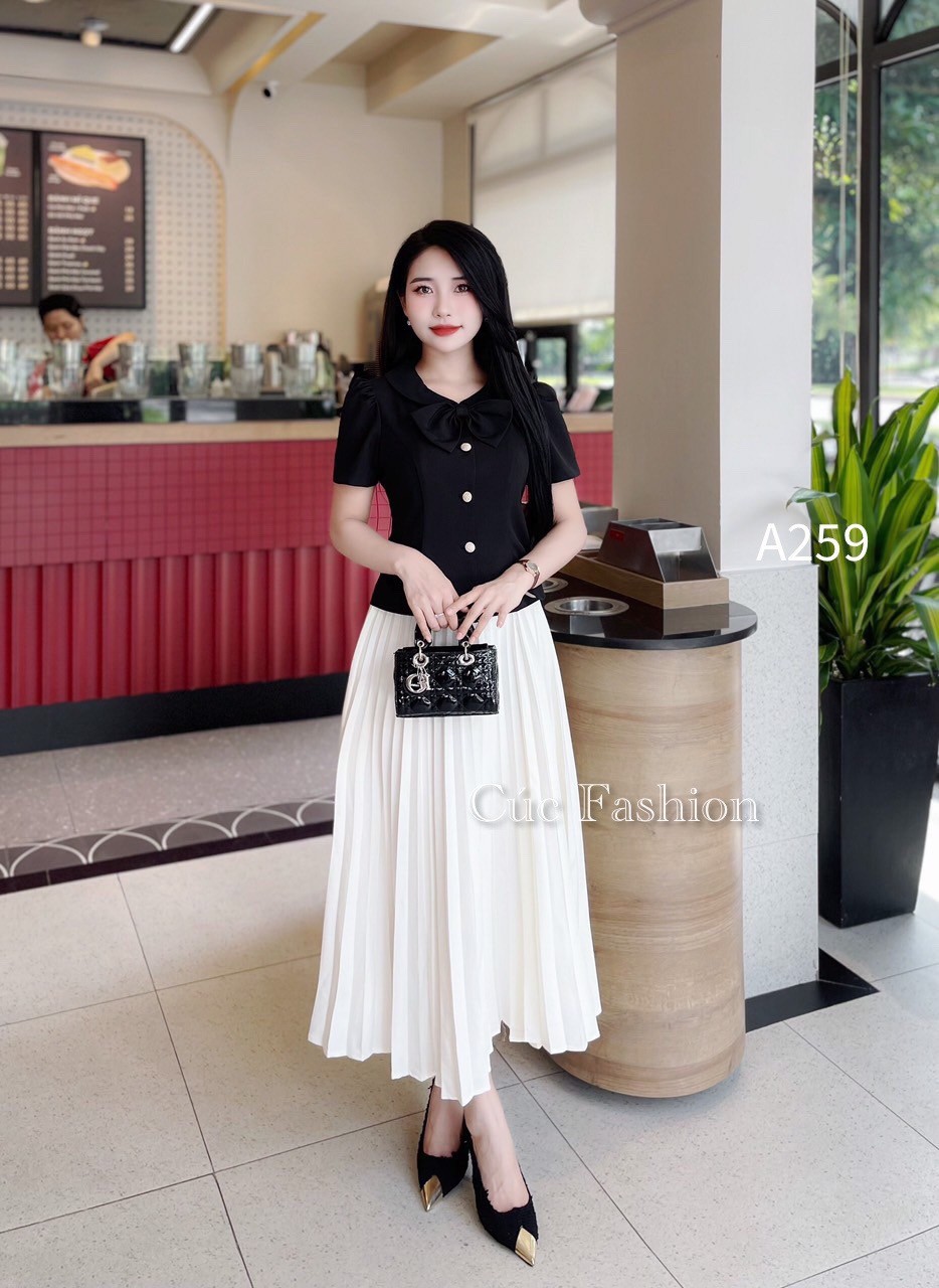 A259 áo peplum cổ nơ 3 cúc