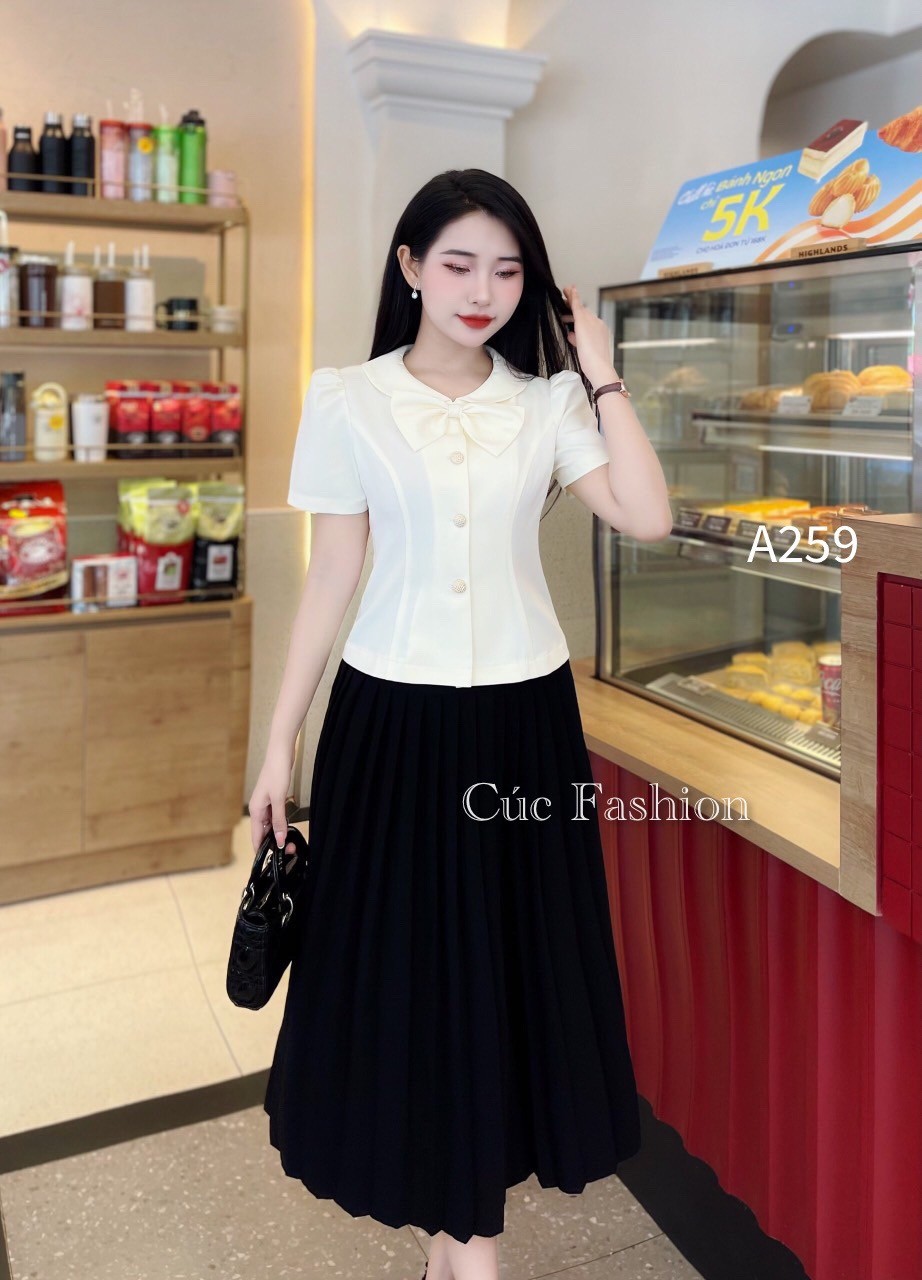 A259 áo peplum cổ nơ 3 cúc