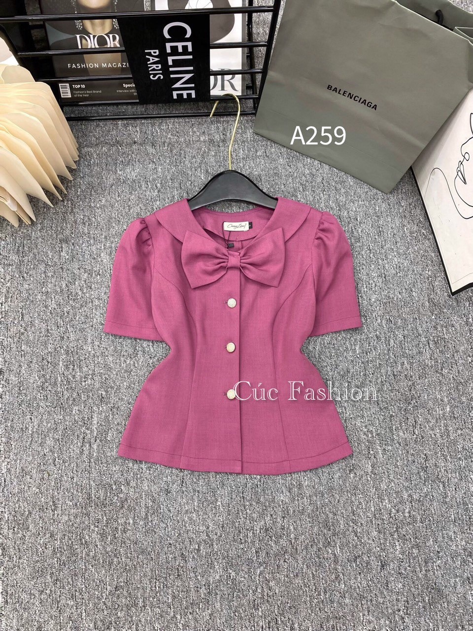 A259 áo peplum cổ nơ 3 cúc