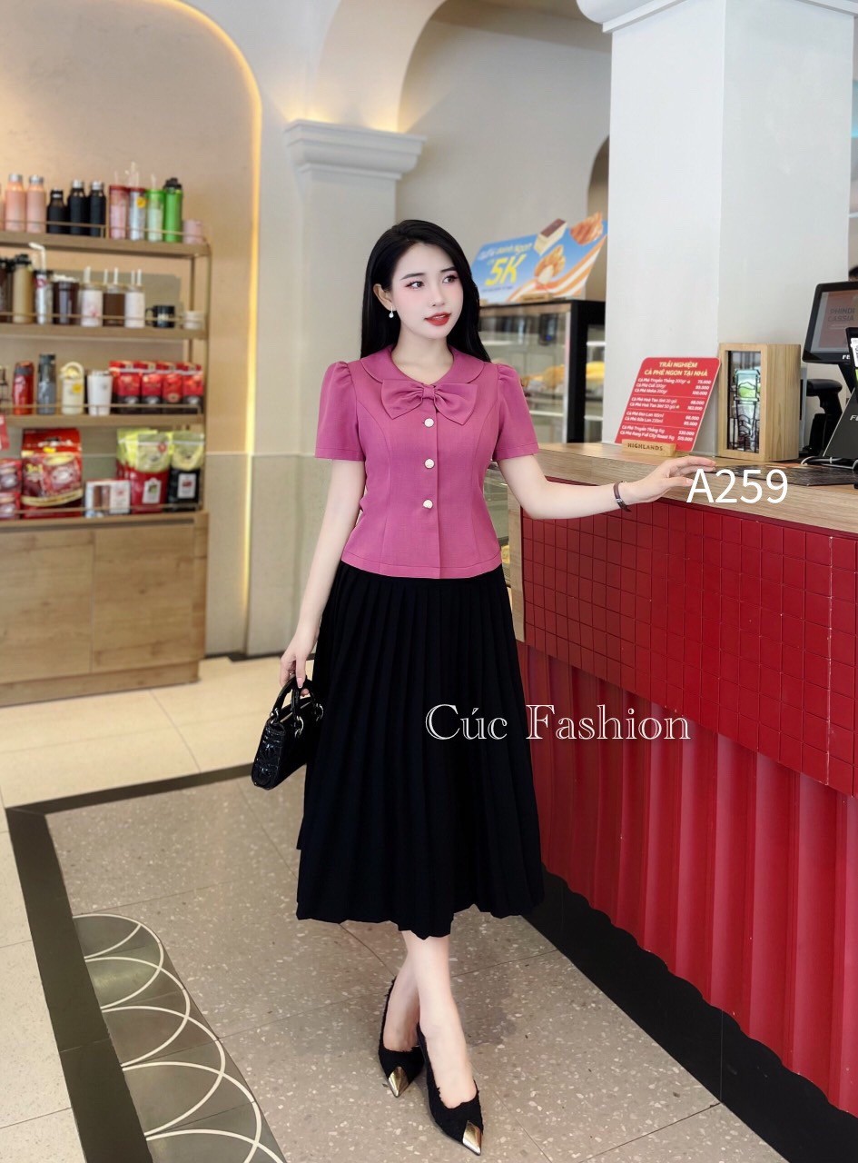 A259 áo peplum cổ nơ 3 cúc