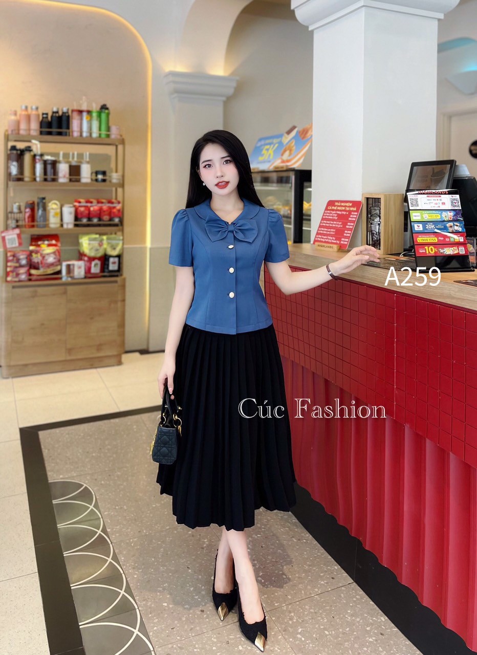 A259 áo peplum cổ nơ 3 cúc