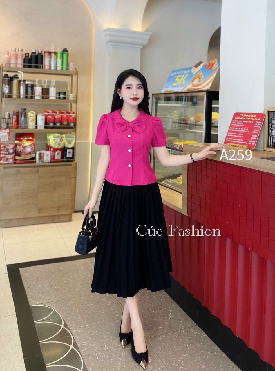 A259 áo peplum cổ nơ 3 cúc