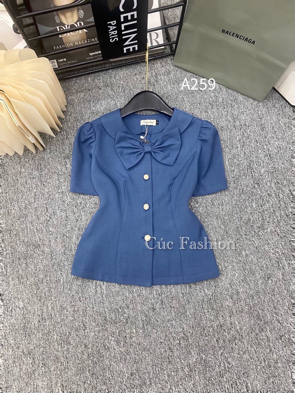 A259 áo peplum cổ nơ 3 cúc