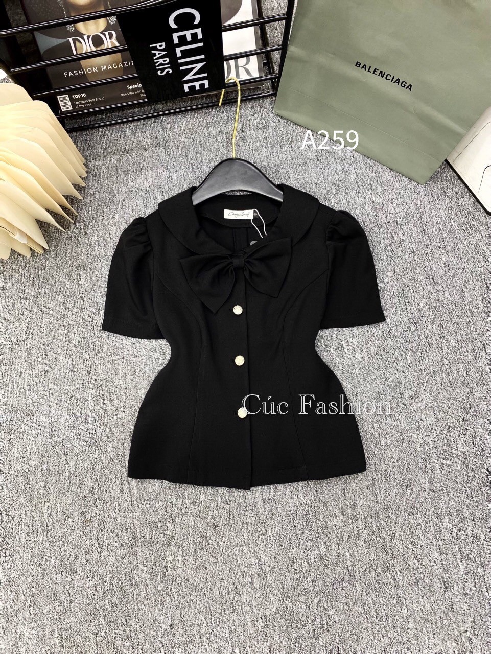 A259 áo peplum cổ nơ 3 cúc