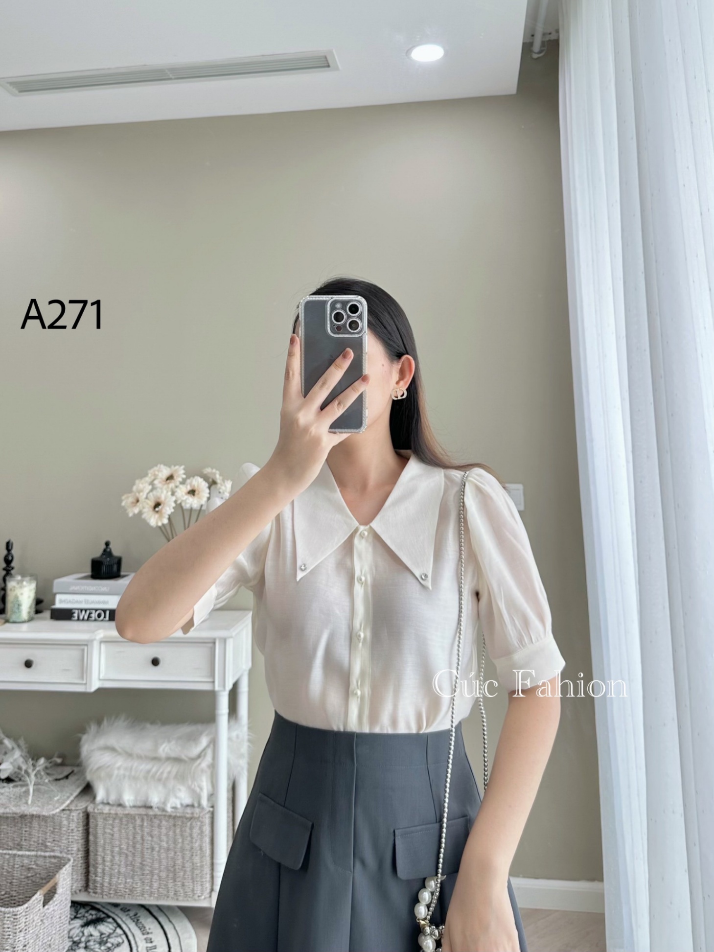 A271 áo tơ crep cổ bản đính ngọc