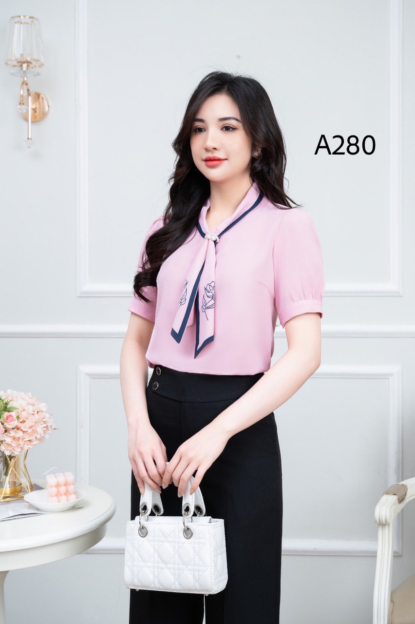 A280 Áo sơ mi cổ cà vạt hoa