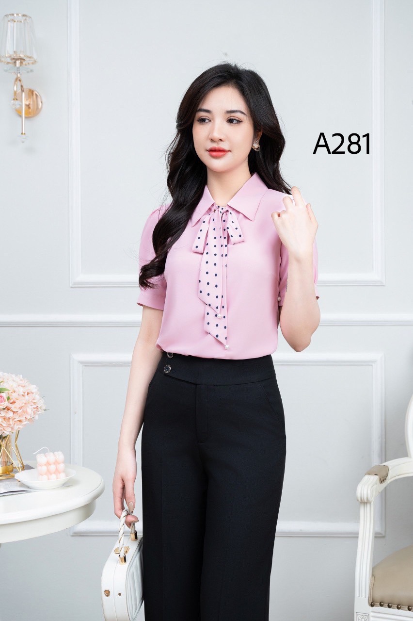 A281 Áo sơ mi cổ nơ chấm bi