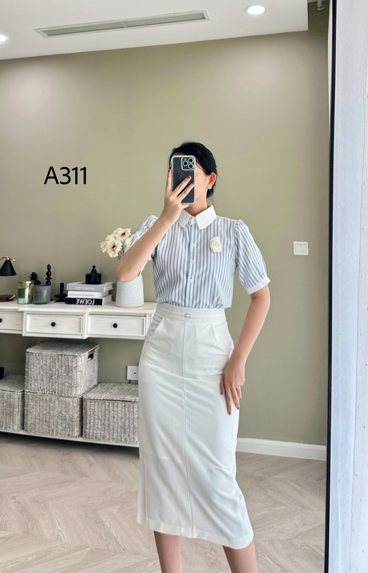 A311 áo kẻ ngắn tay kèm tag hoa