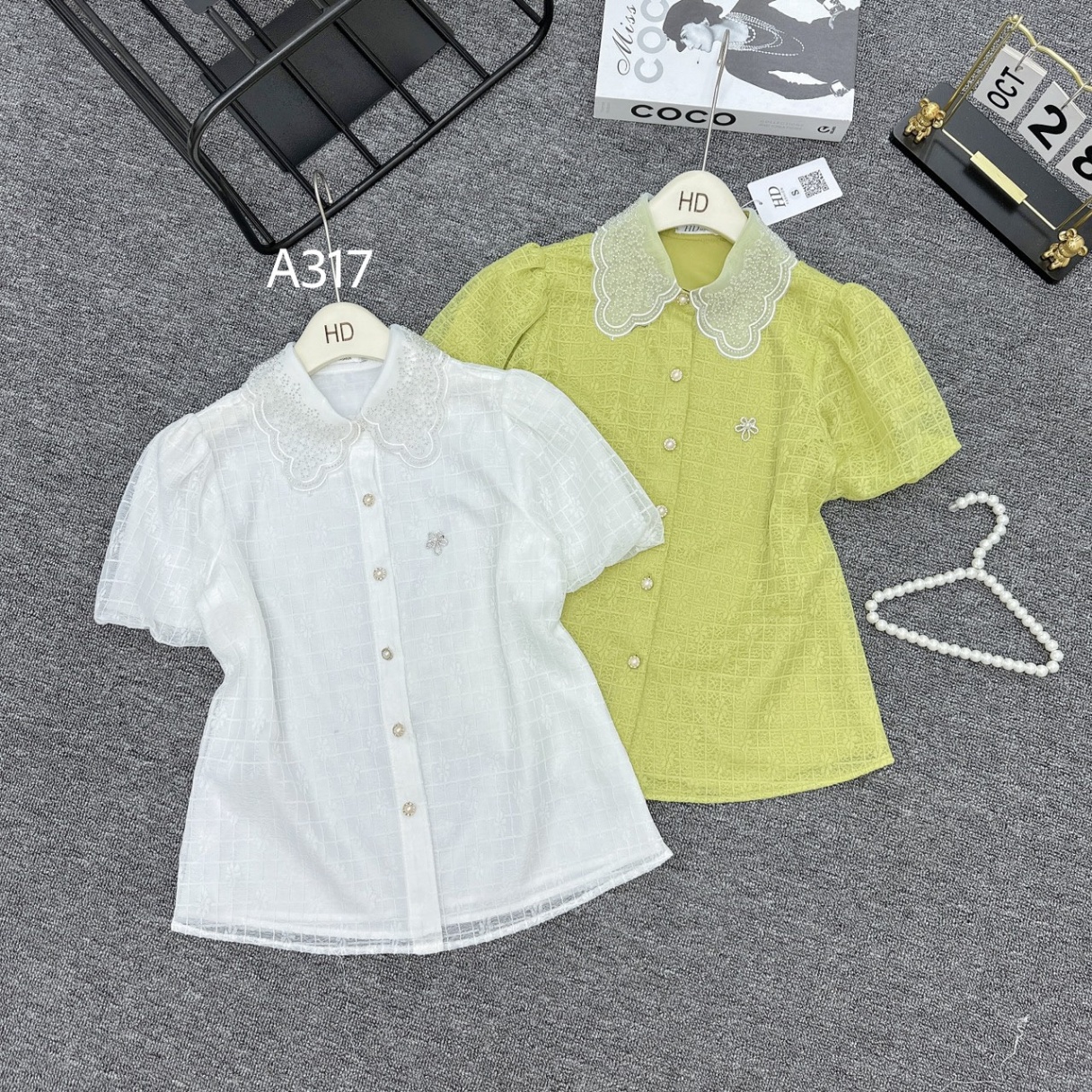 A317 áo ren hoa tay bồng cổ cườm