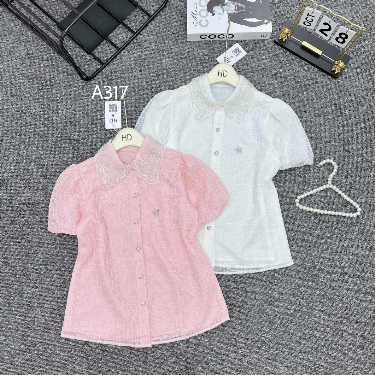 A317 áo ren hoa tay bồng cổ cườm