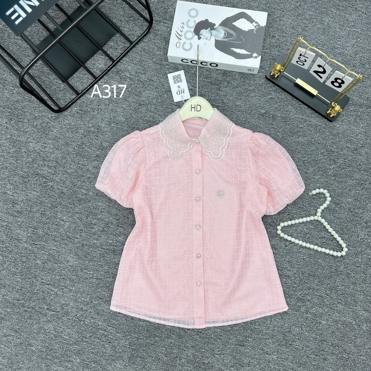 A317 áo ren hoa tay bồng cổ cườm