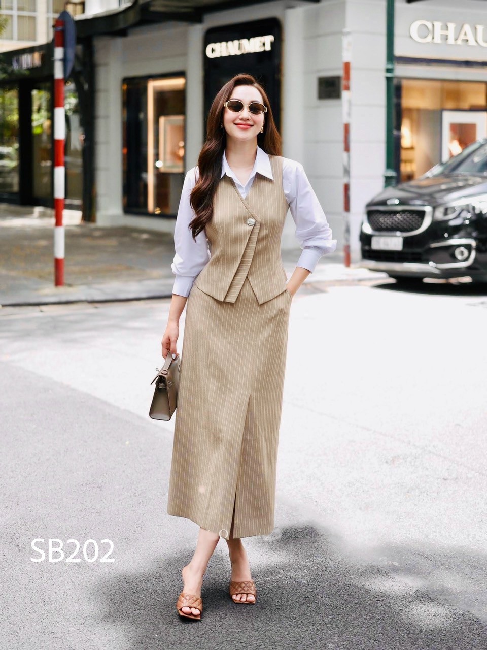 SB202 set kẻ váy dài áo sát nách