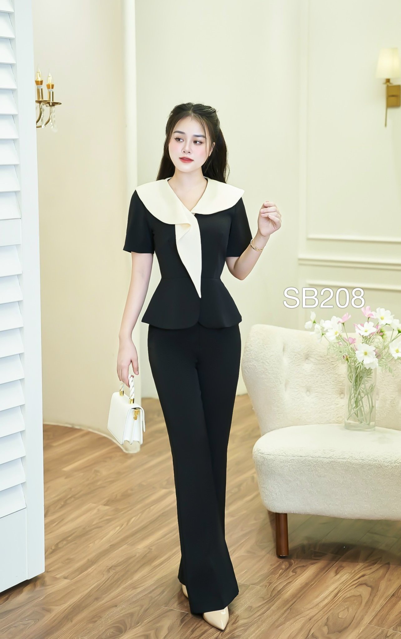 SB208 set áo cổ vạt phối trắng quần 2 cúc