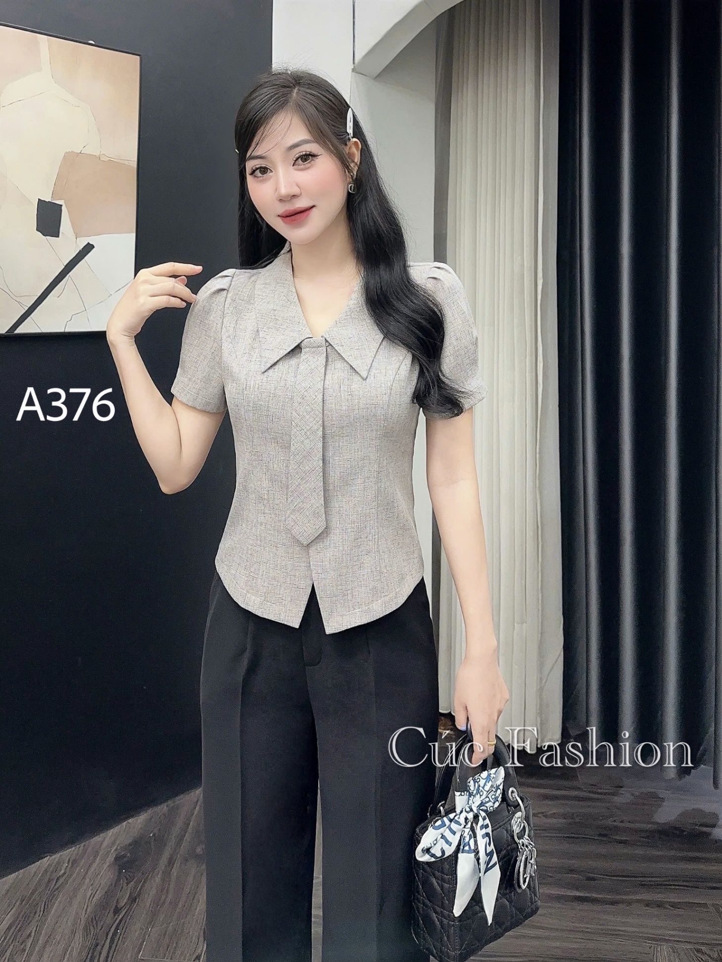 A376 Áo peplum cổ cà vạt