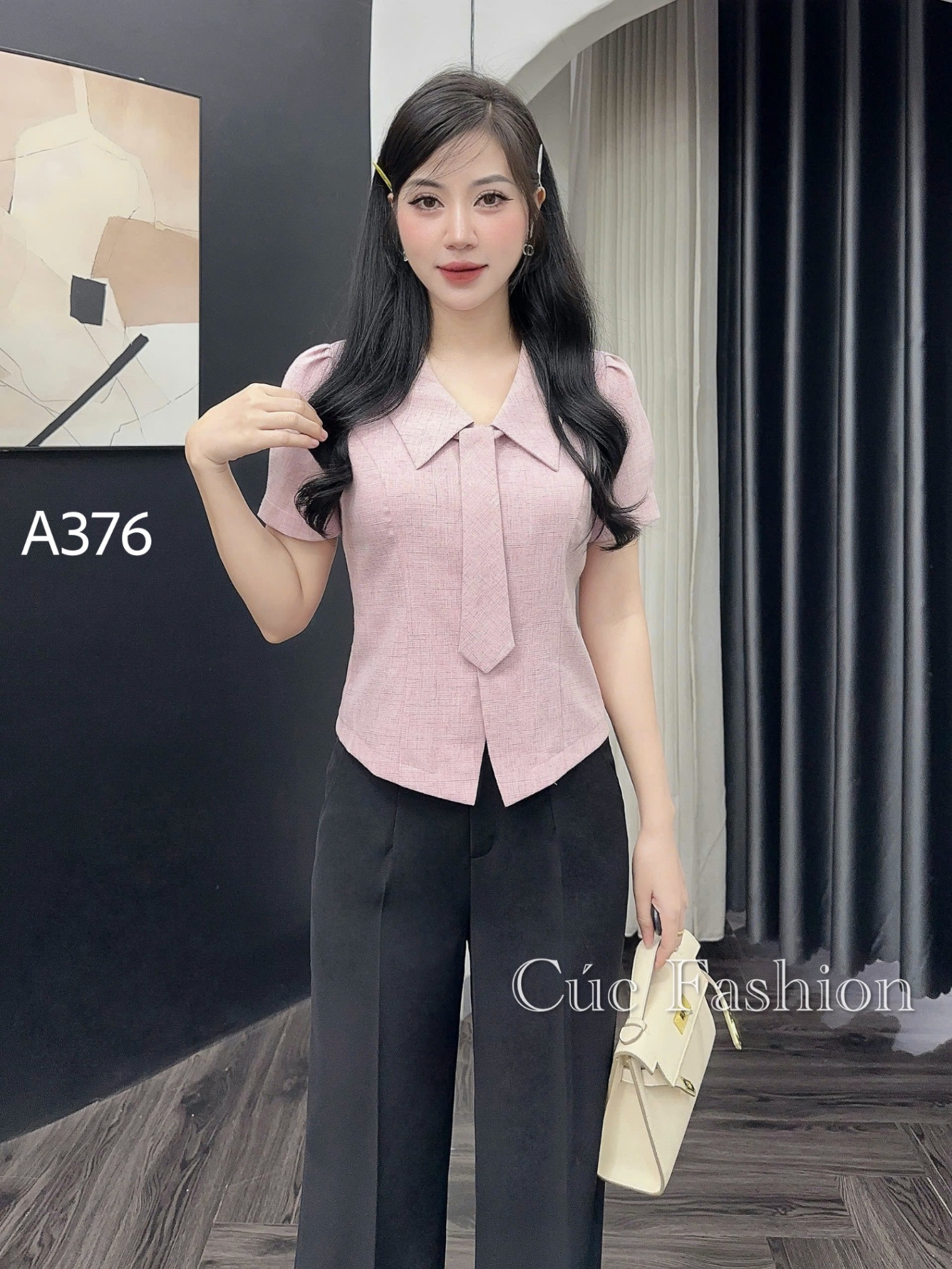 A376 Áo peplum cổ cà vạt