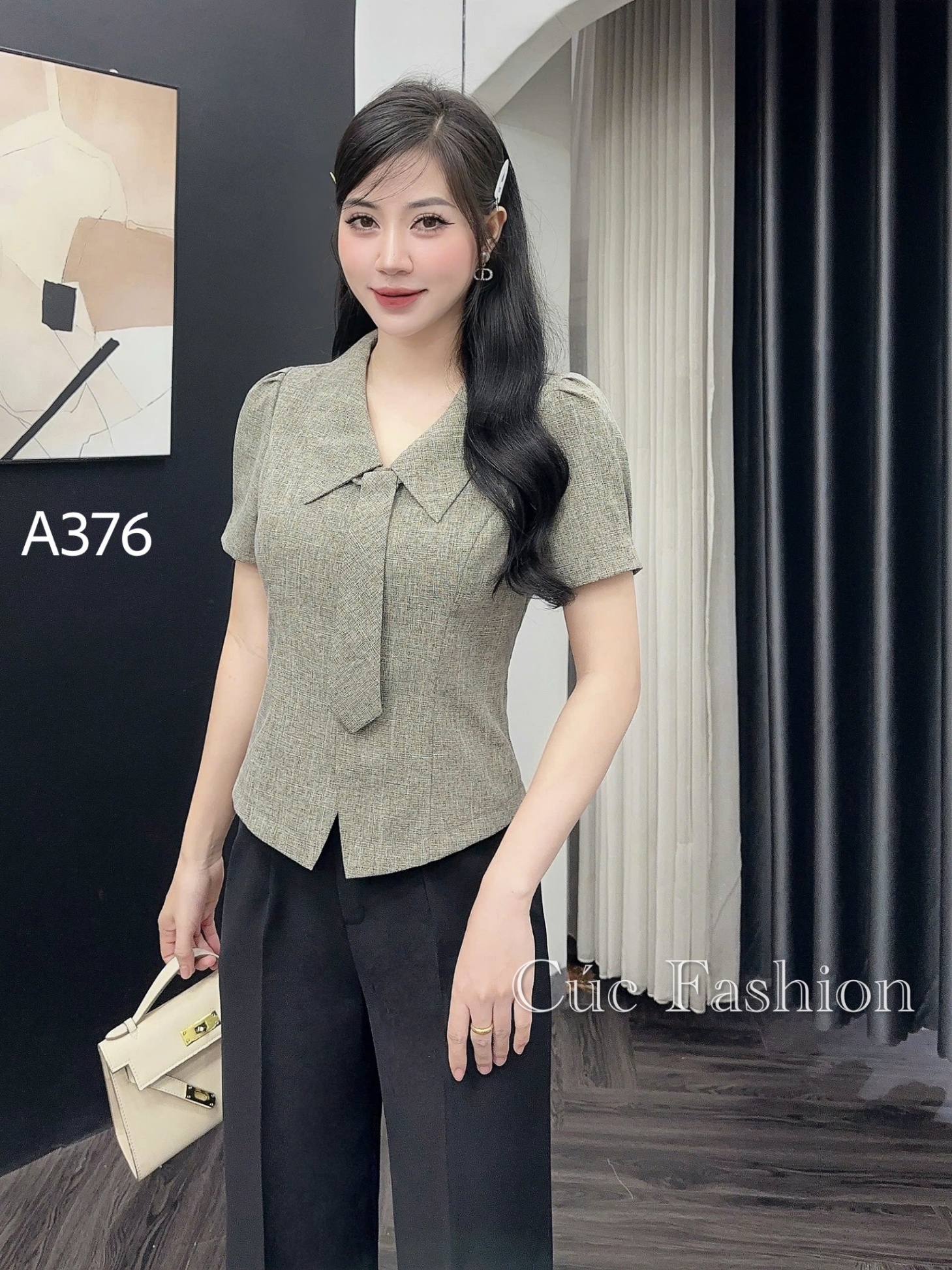 A376 Áo peplum cổ cà vạt