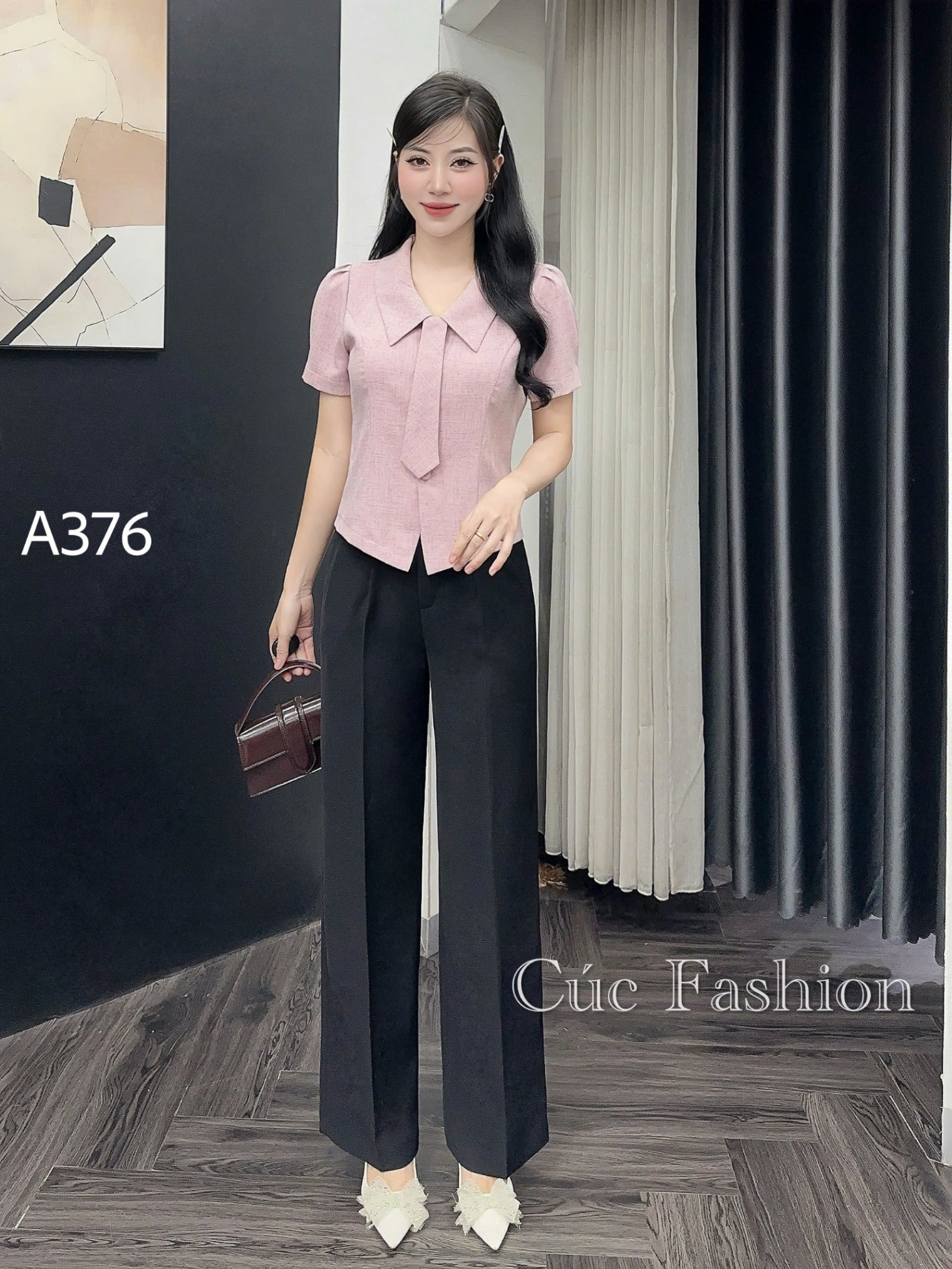 A376 Áo peplum cổ cà vạt