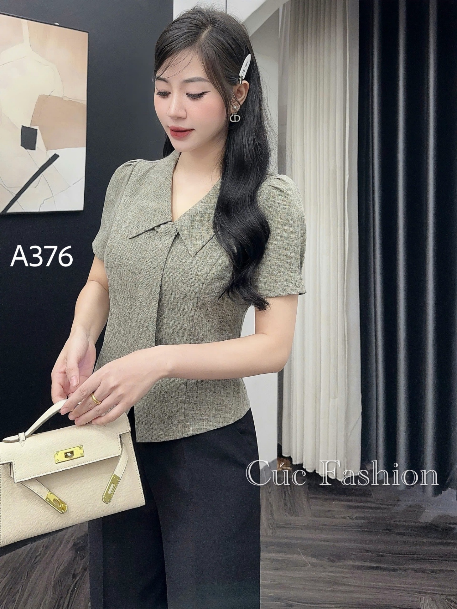 A376 Áo peplum cổ cà vạt