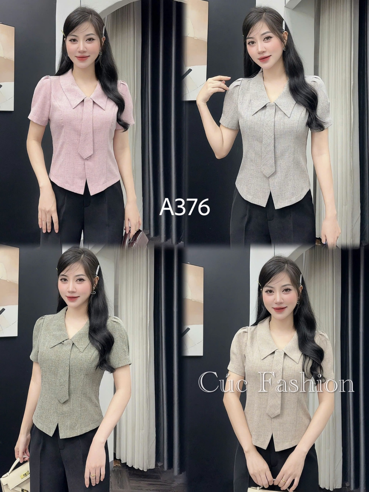 A376 Áo peplum cổ cà vạt