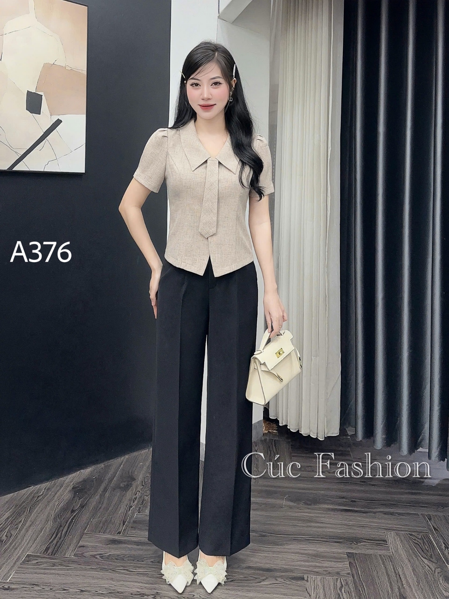 A376 Áo peplum cổ cà vạt