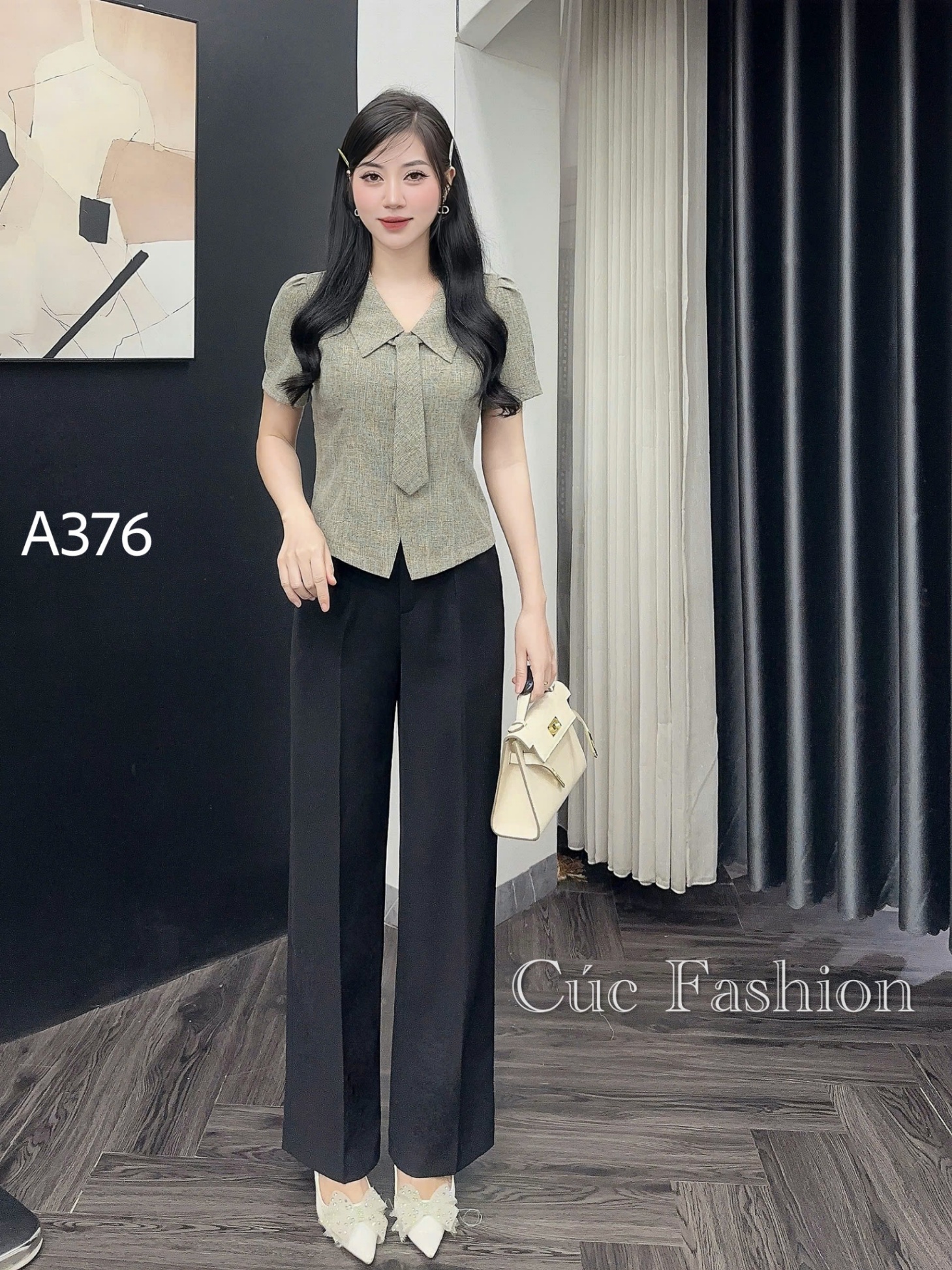 A376 Áo peplum cổ cà vạt