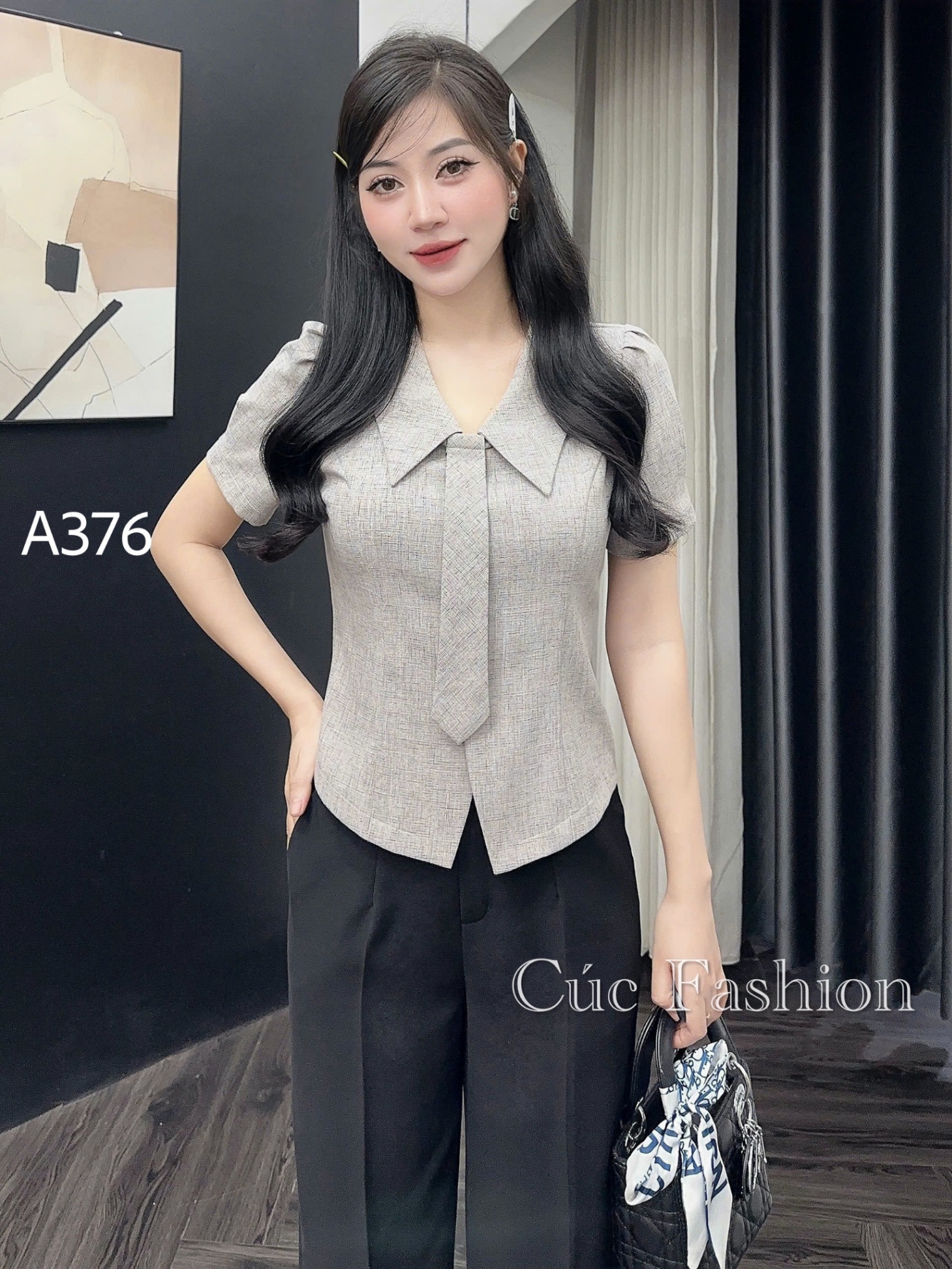 A376 Áo peplum cổ cà vạt