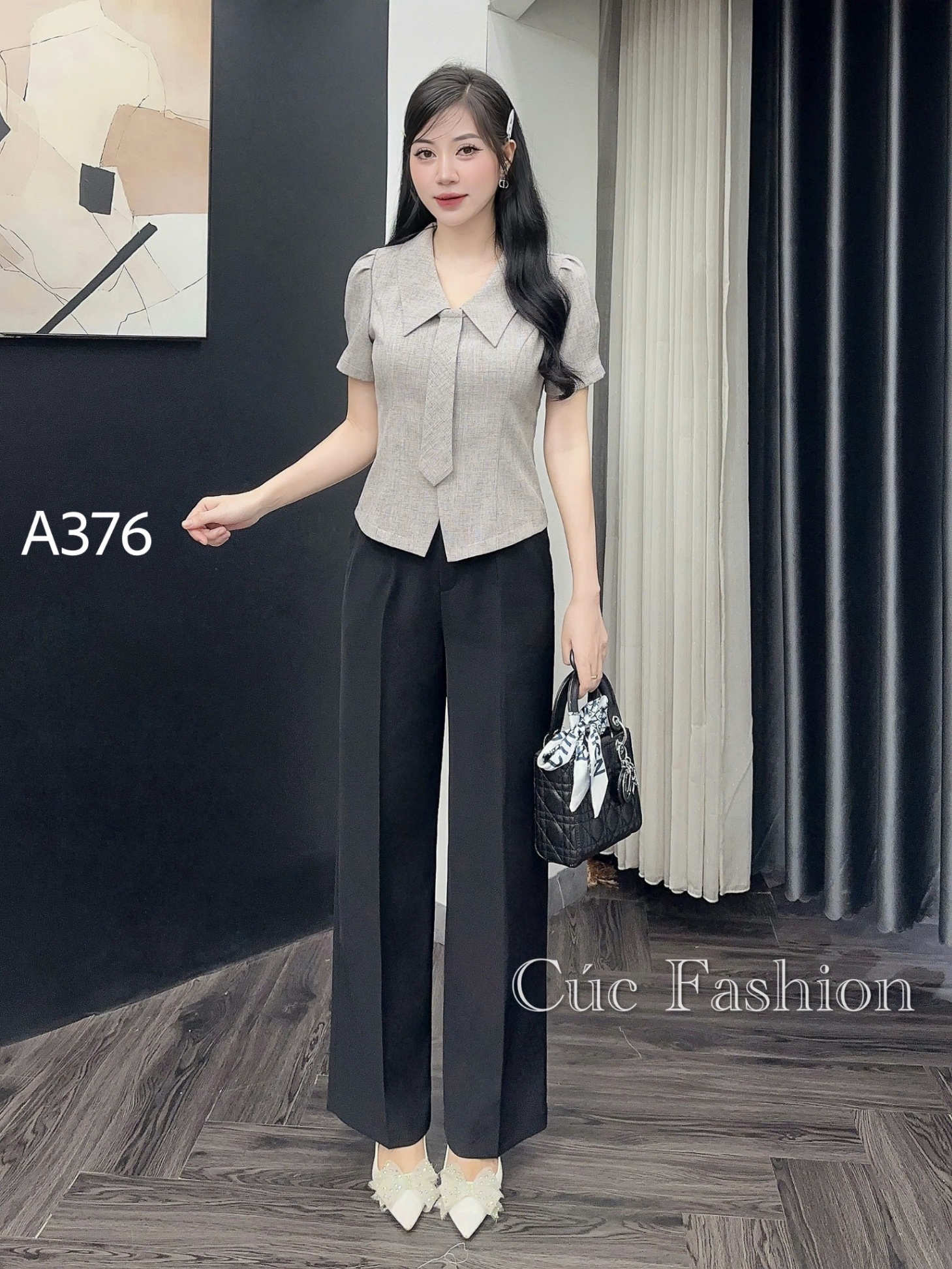 A376 Áo peplum cổ cà vạt