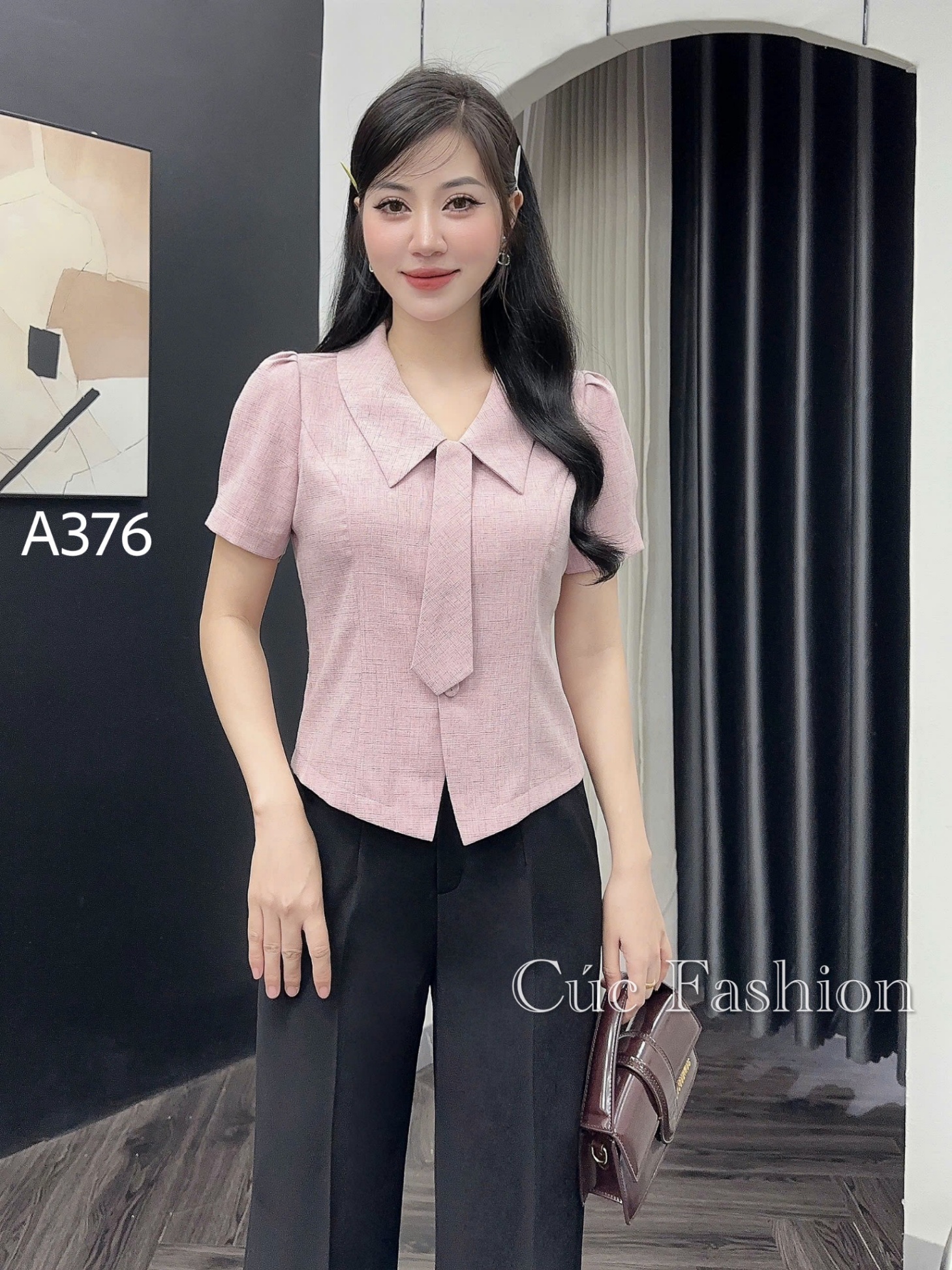 A376 Áo peplum cổ cà vạt