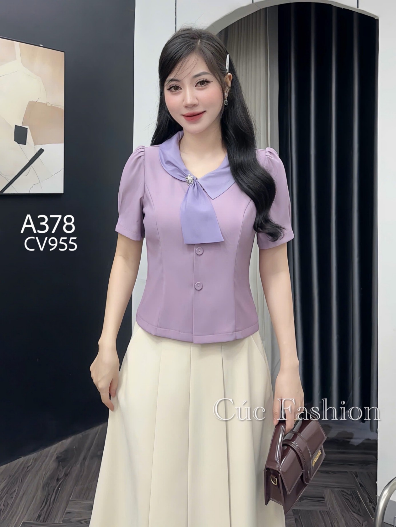 A378 Áo peplum cổ vạt lệch