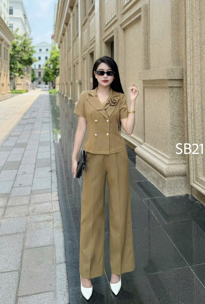 SB212 set quần xuông áo cổ vest tag hoa 4 cúc