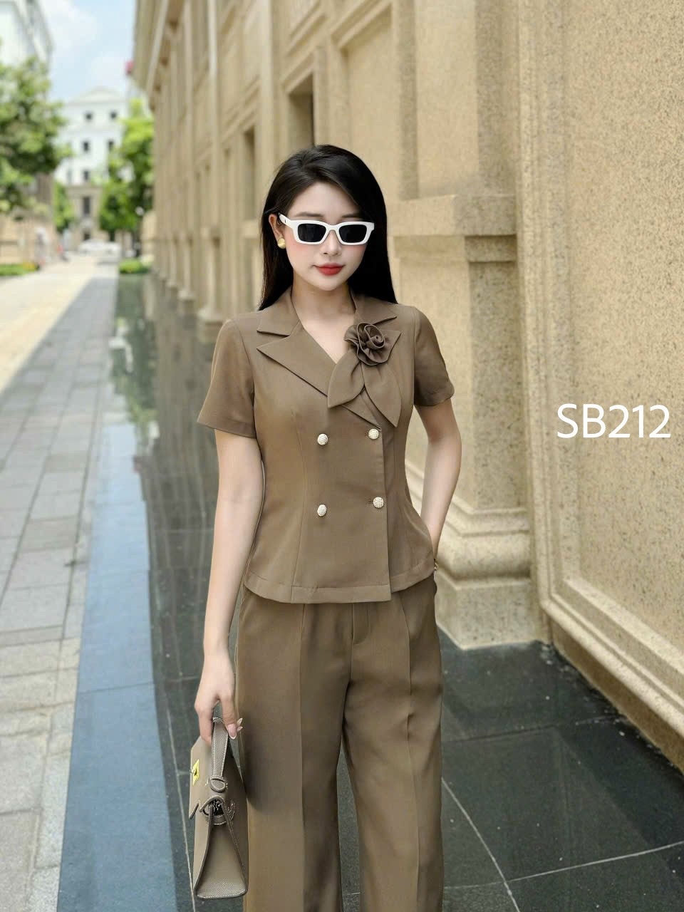 SB212 set quần xuông áo cổ vest tag hoa 4 cúc