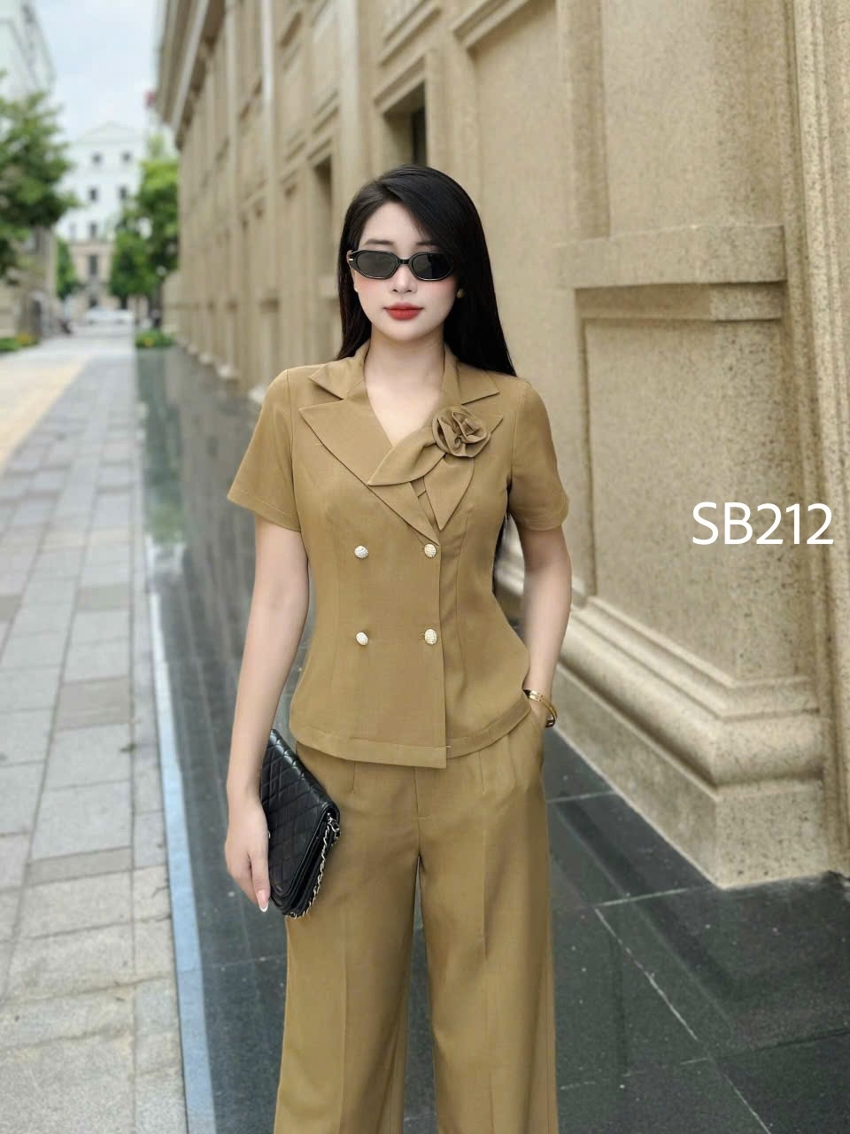 SB212 set quần xuông áo cổ vest tag hoa 4 cúc