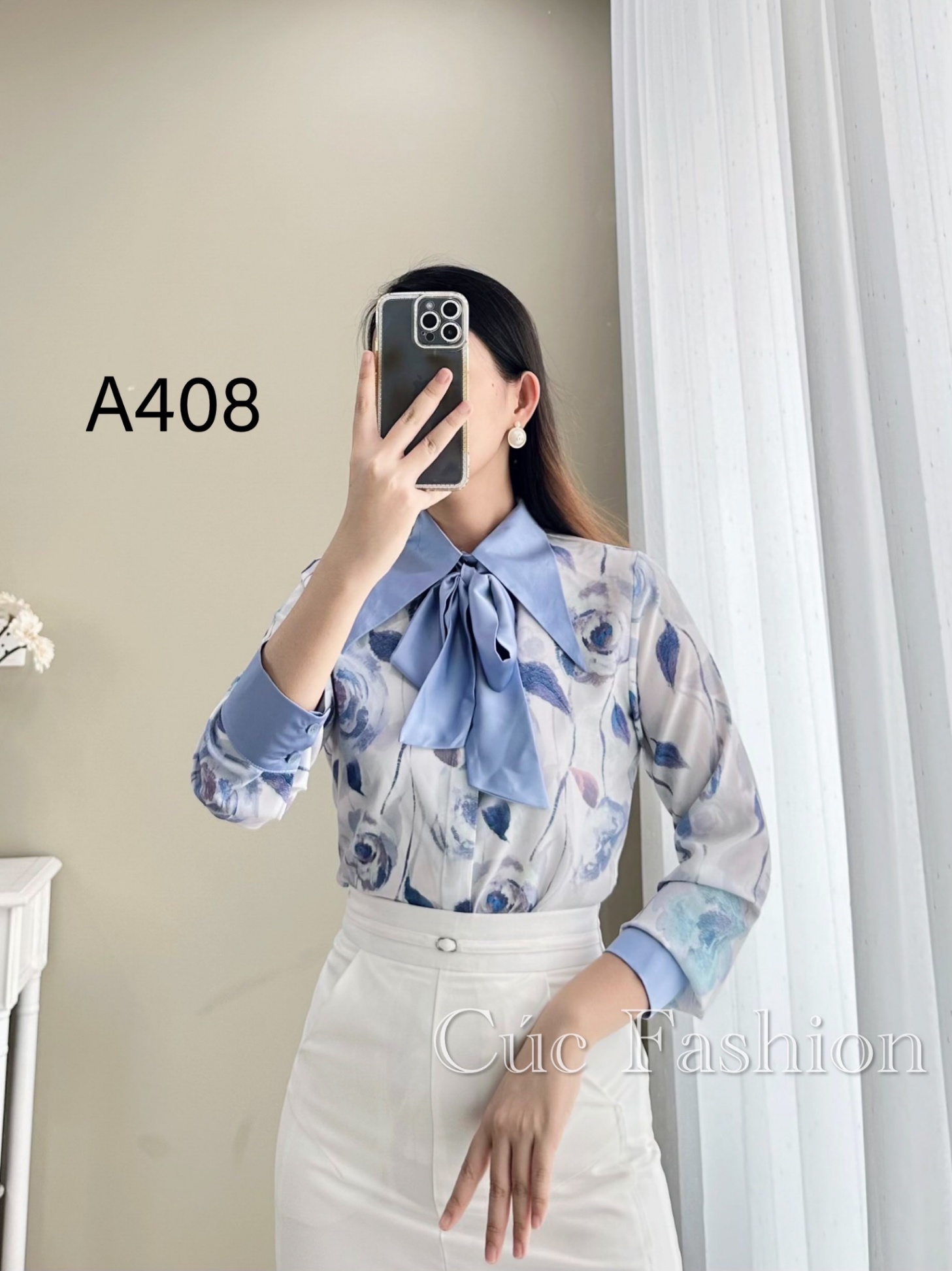 A408 sơ mi lụa dài tay cổ nhọn phối nơ