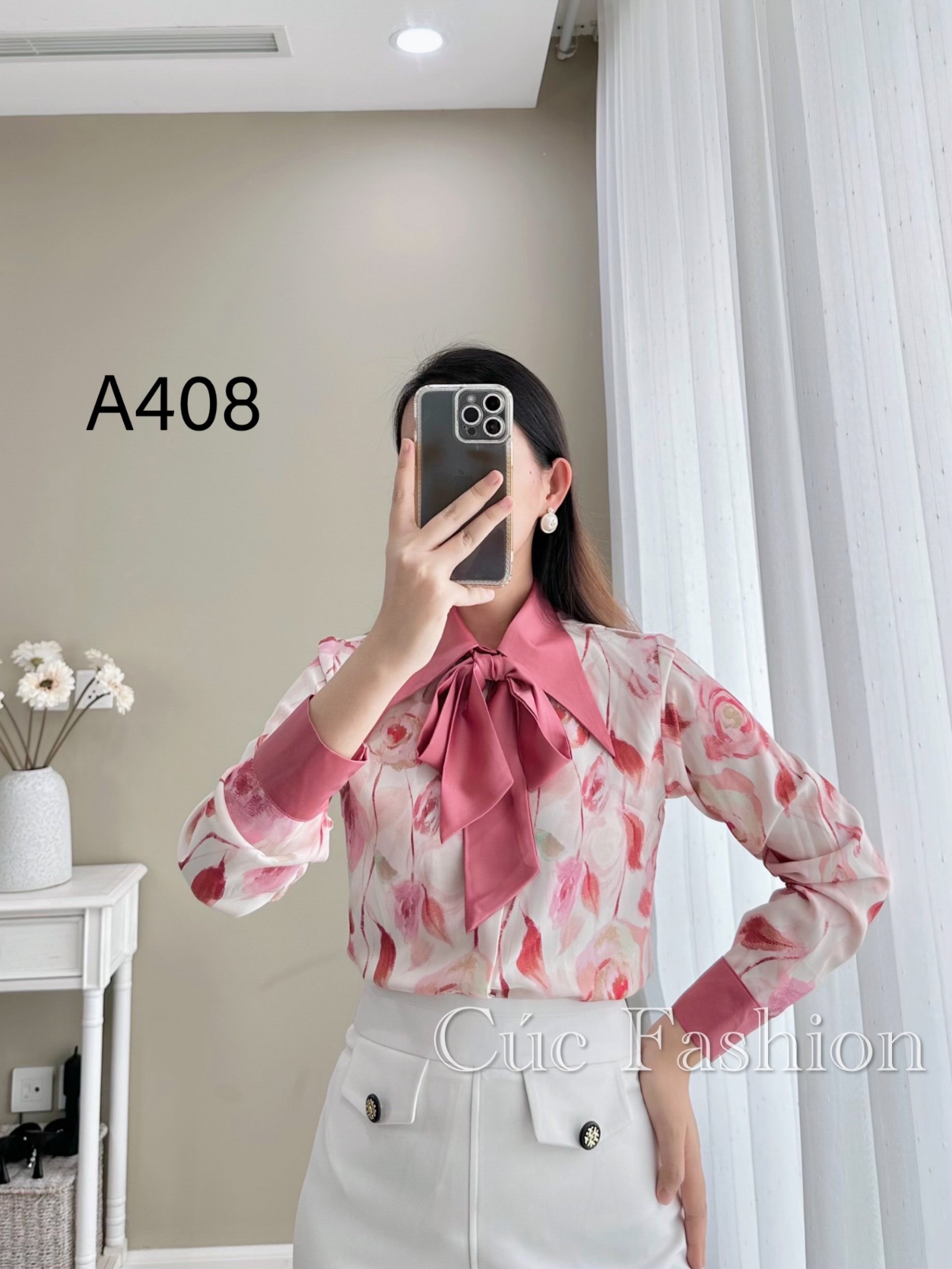 A408 sơ mi lụa dài tay cổ nhọn phối nơ