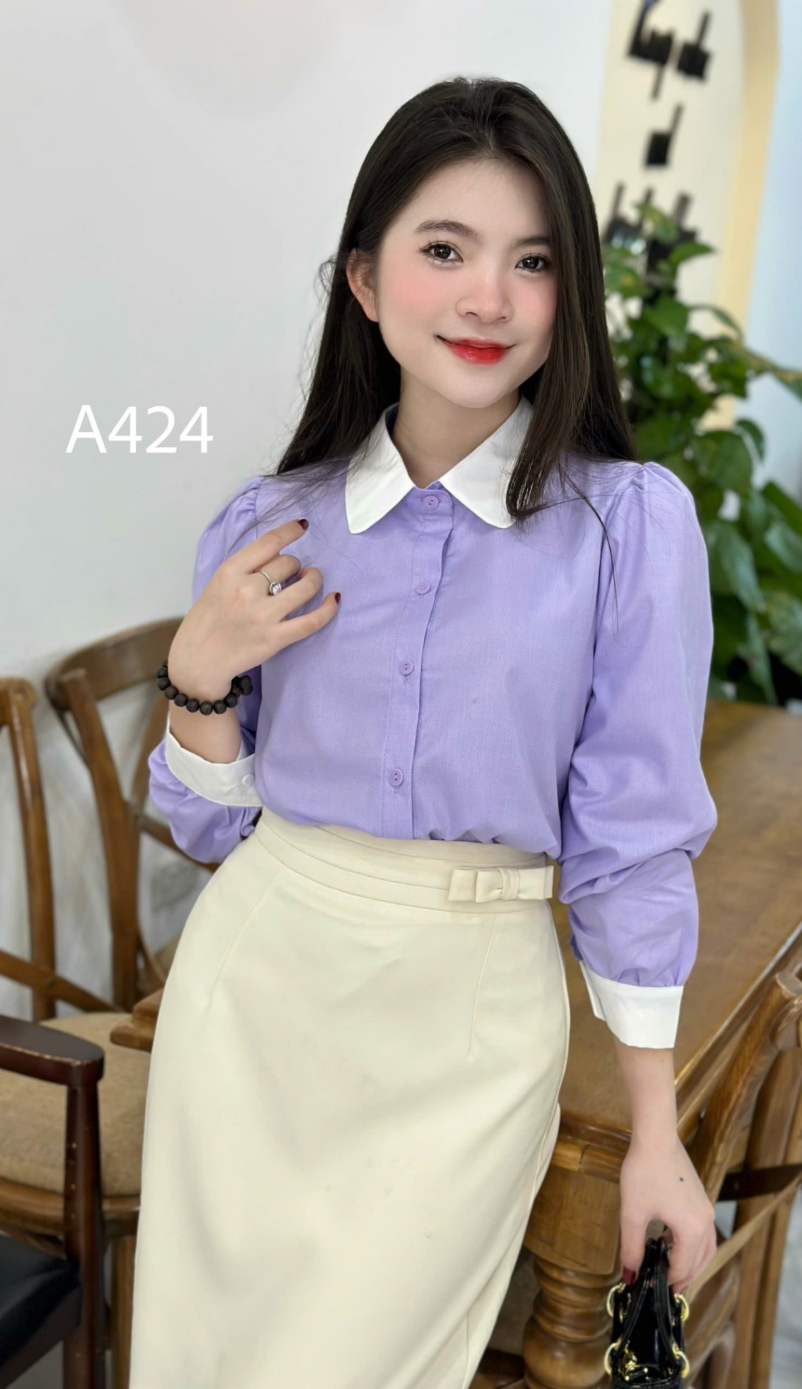 A424 sơ mi cổ sen đơn giản