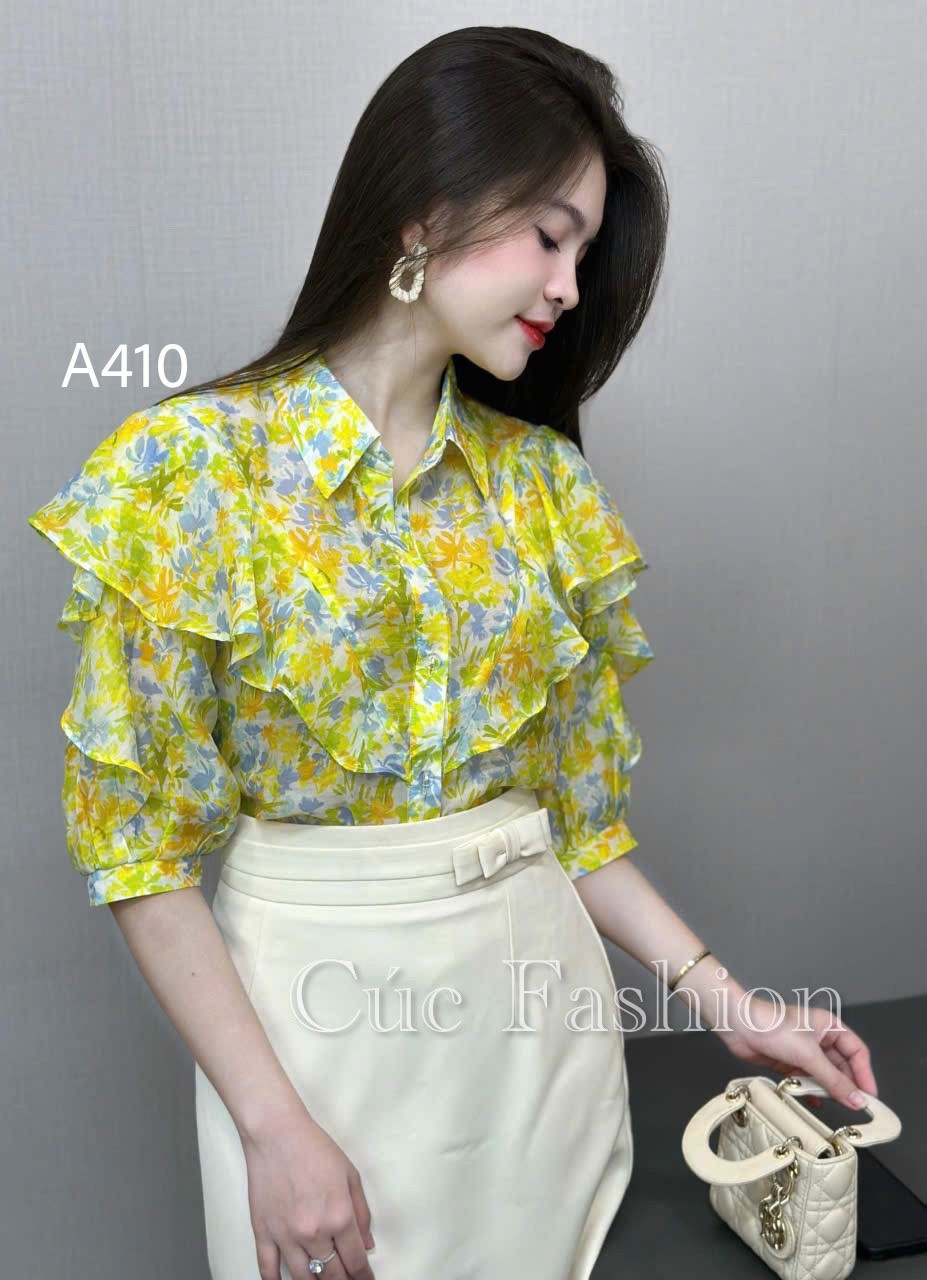 A410 sơ mi hoa tay lỡ phối vai bèo