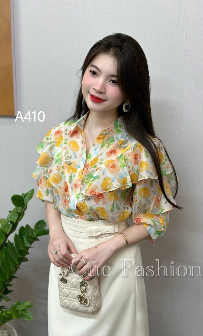 A410 sơ mi hoa tay lỡ phối vai bèo