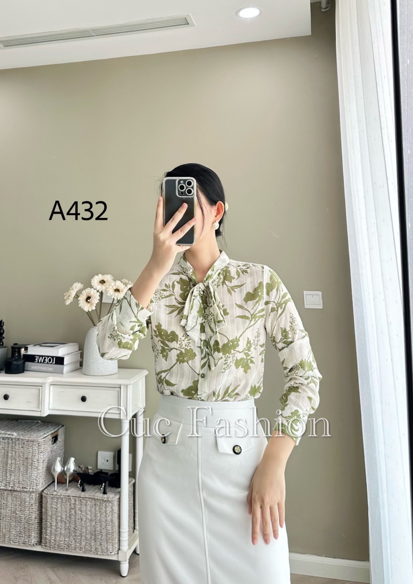 A432 sơ mi họa tiết phối dây nơ