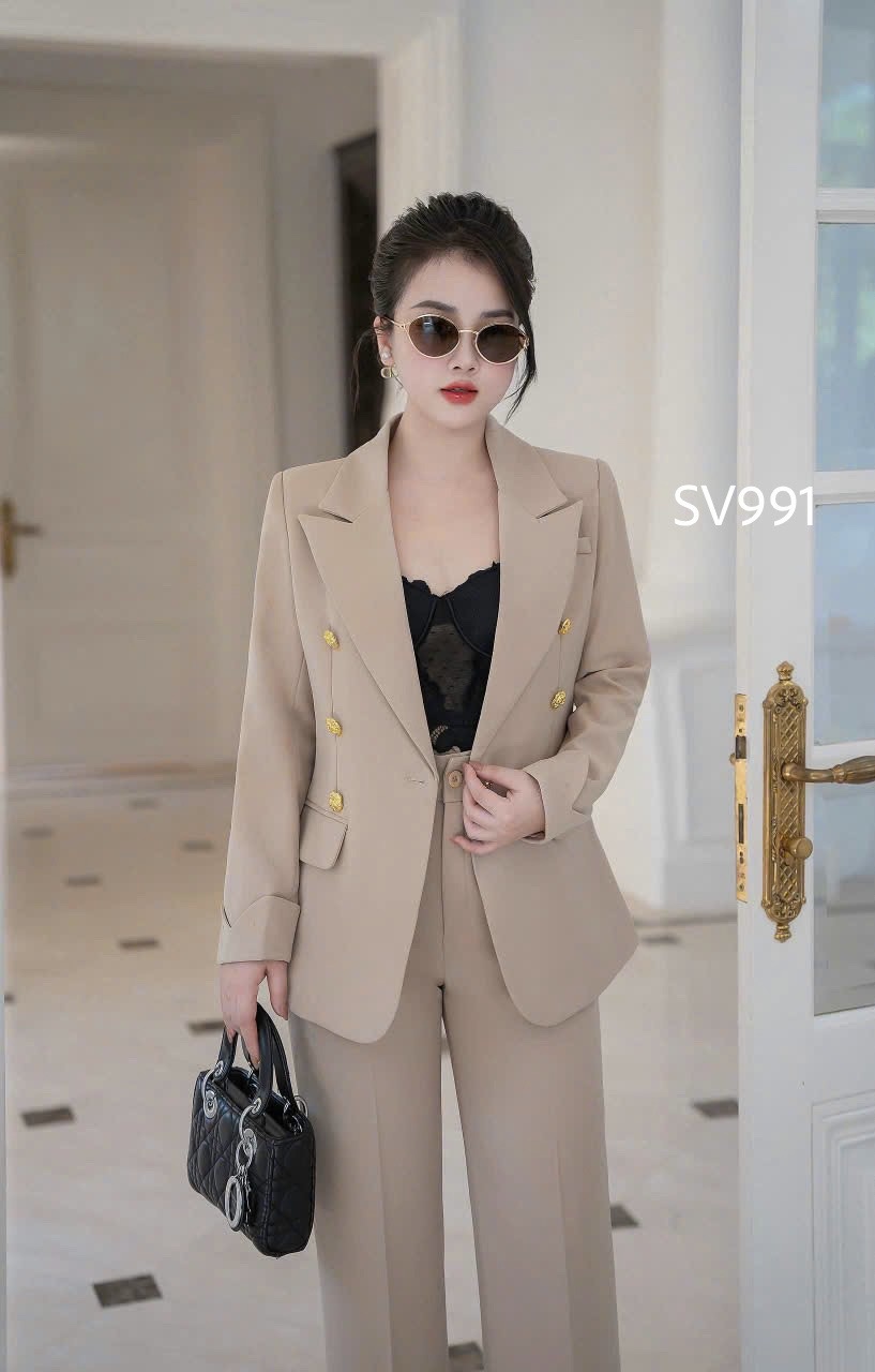 SV991 set vest quần xuông cổ vếch cúc vàng