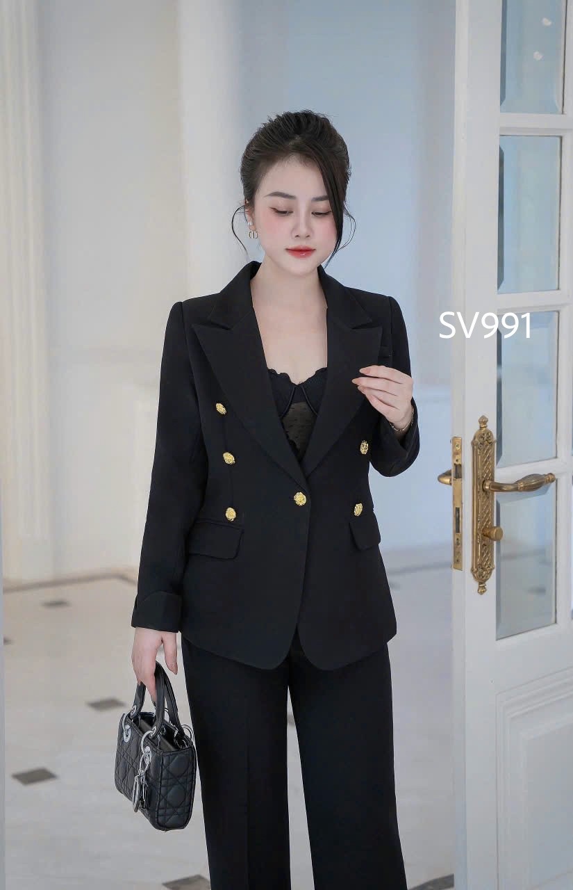 SV991 set vest quần xuông cổ vếch cúc vàng