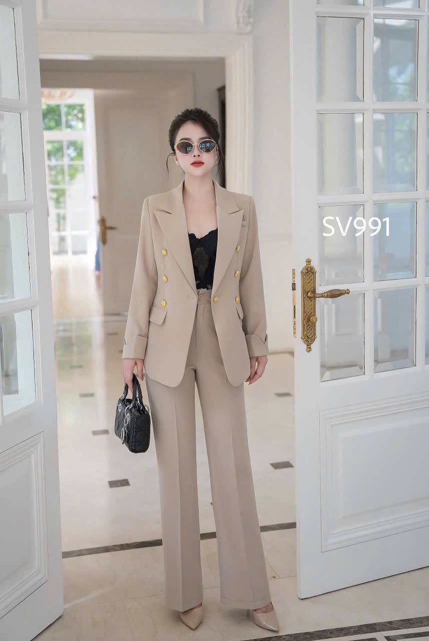 SV991 set vest quần xuông cổ vếch cúc vàng