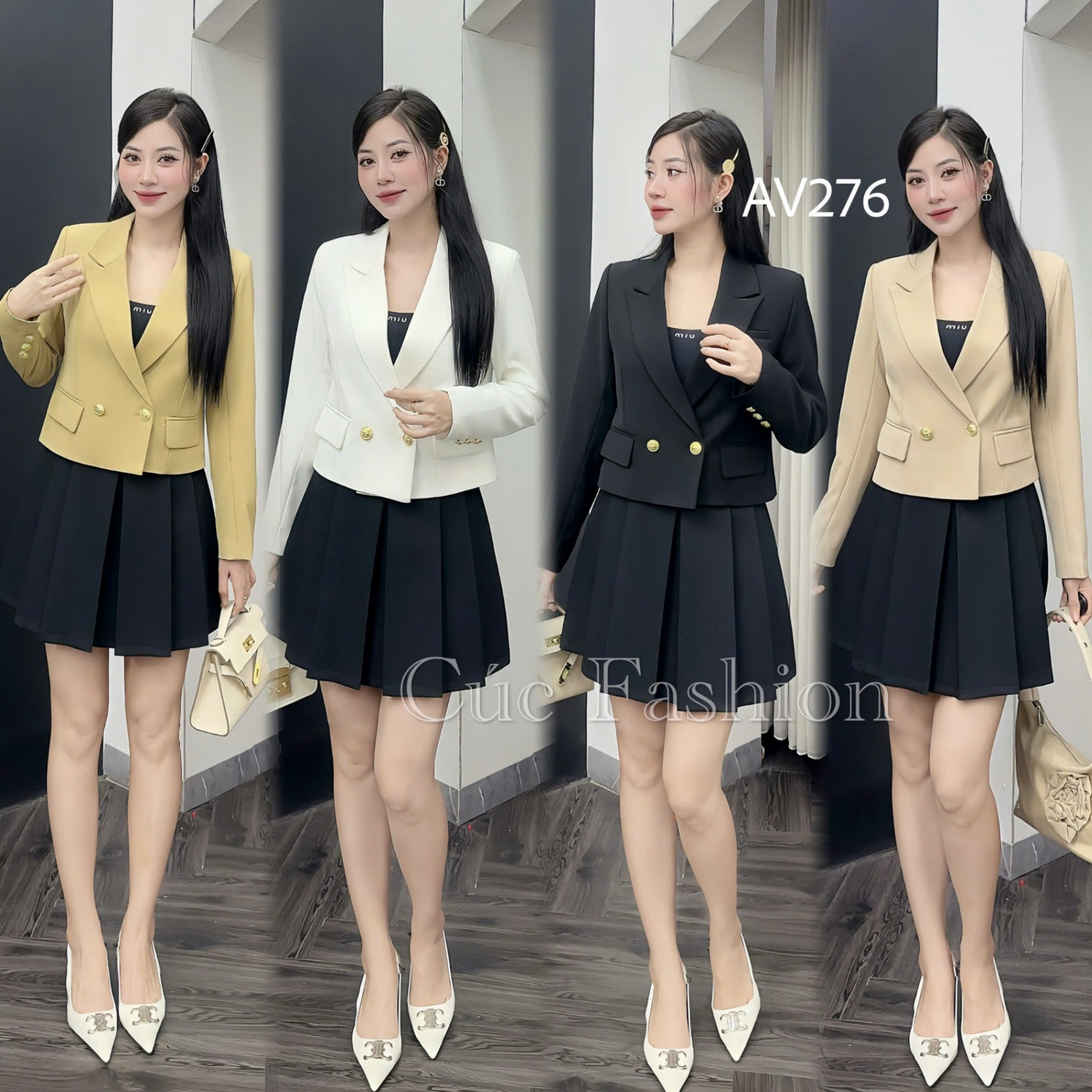 AV276 vest lỡ cổ vếch cúc vàng