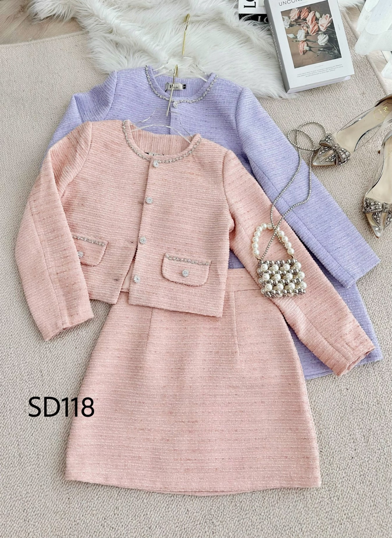 SD118 set dạ ngắn cổ phối đá