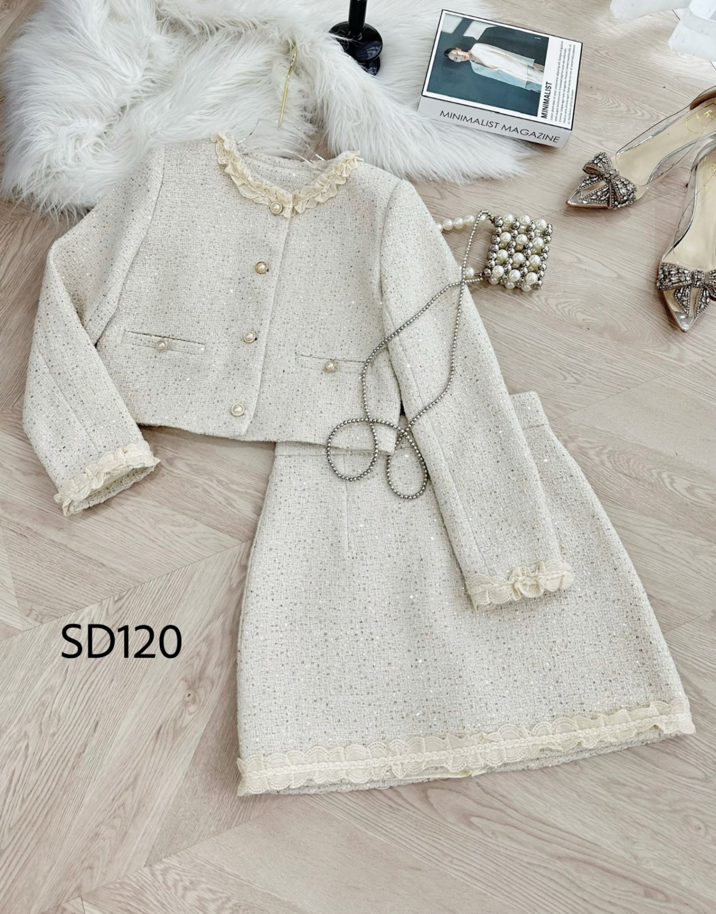 SD120 set dạ váy A ngắn viền ren