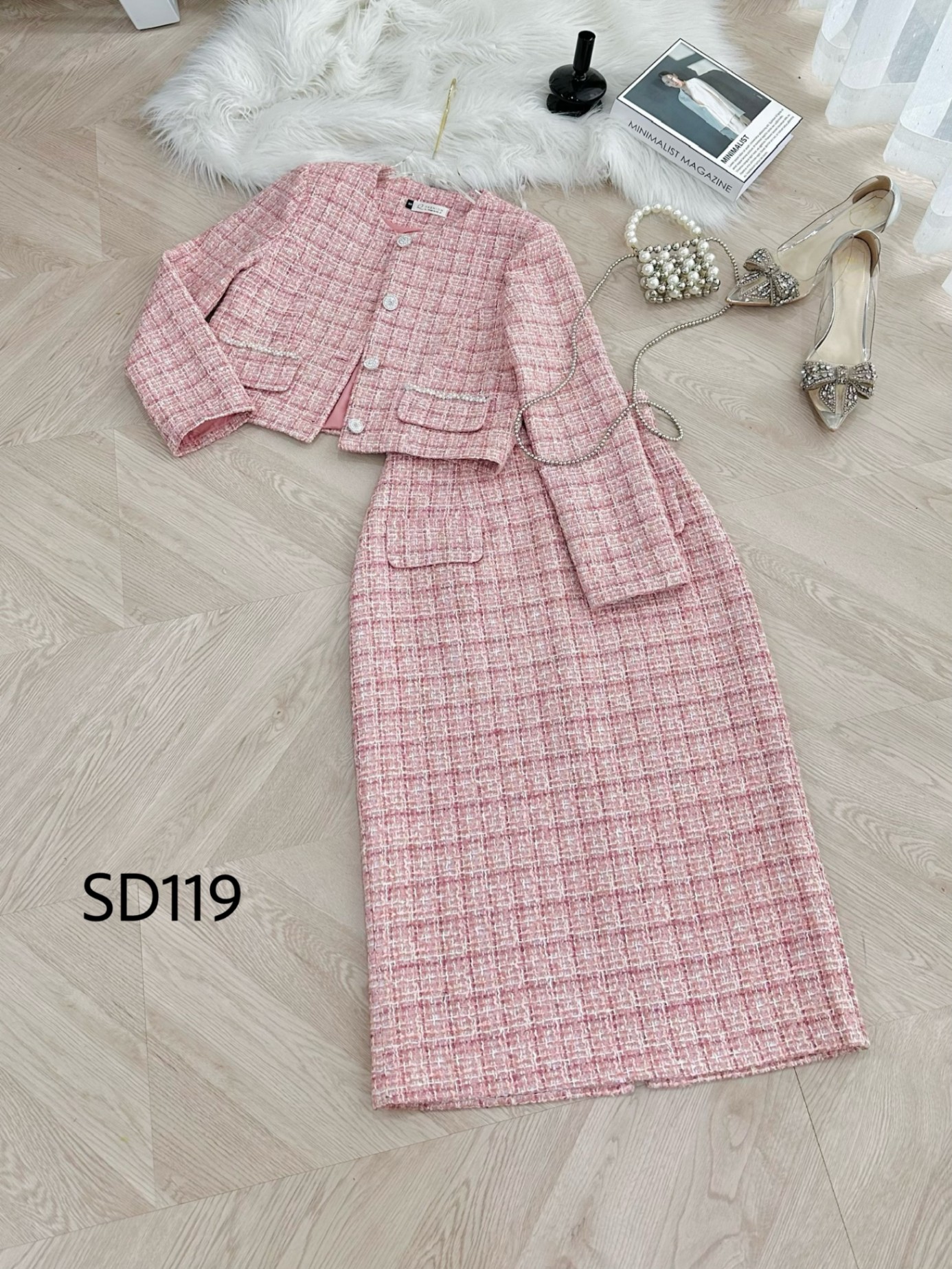 SD119 set dạ dài kẻ