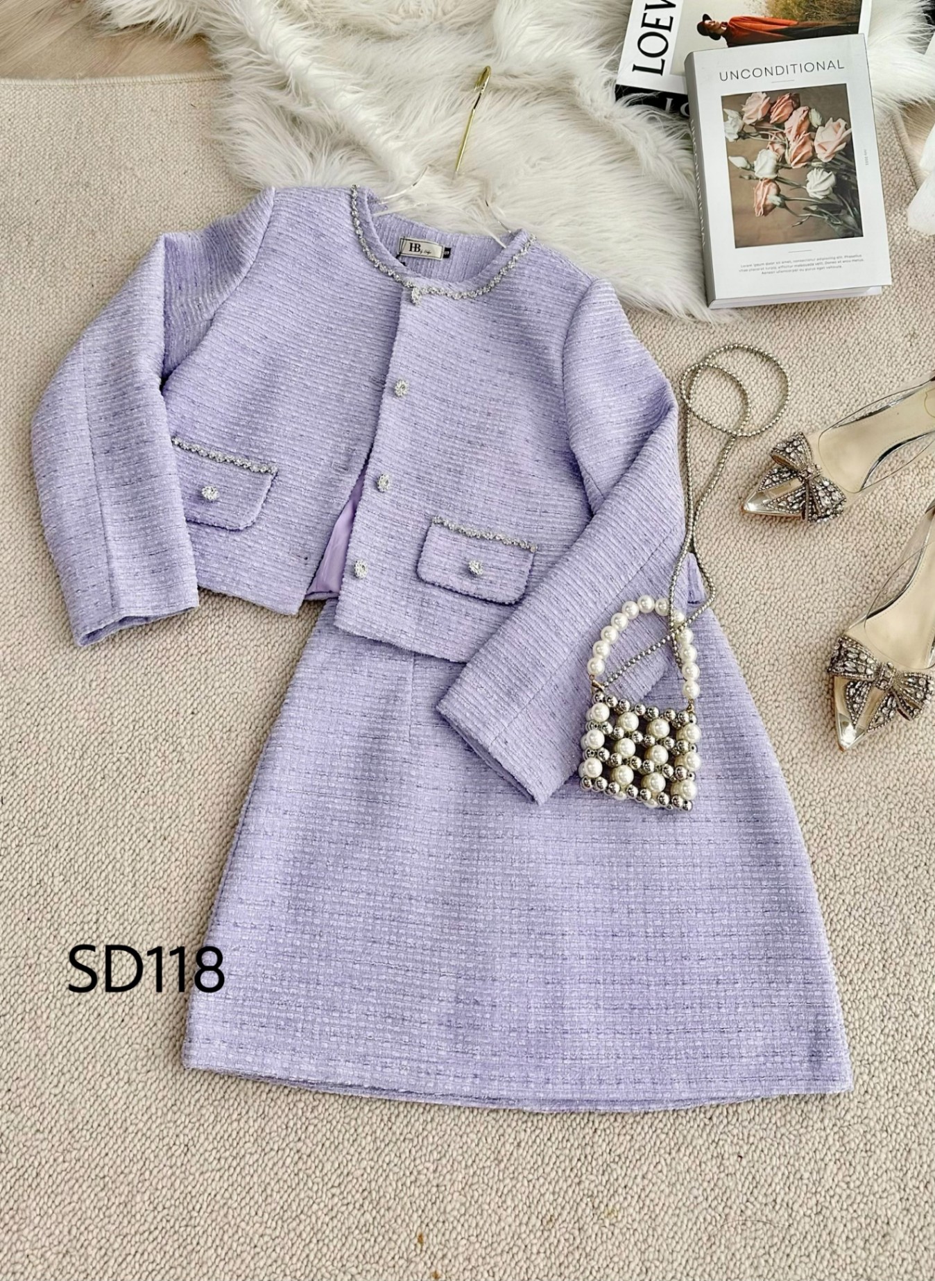 SD118 set dạ ngắn cổ phối đá