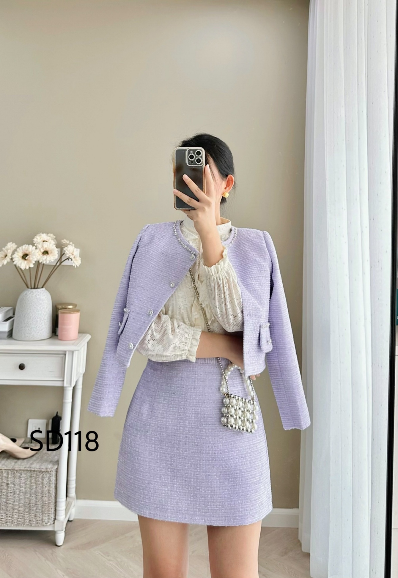 SD118 set dạ ngắn cổ phối đá